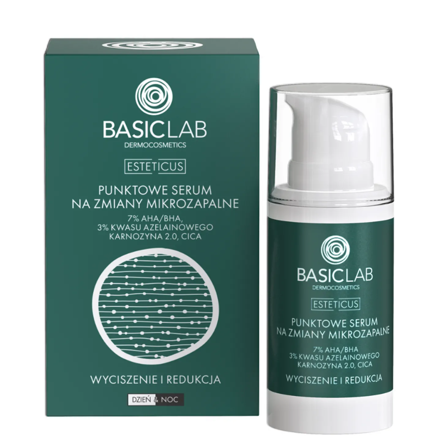 BasicLab - Wyciszenie i Redukcja - Serum Punktowe na Zmiany Mikrozapalne z 7% AHA/BHA, 3% Kwasu Azelainowego i Laktoferyną - 15ml