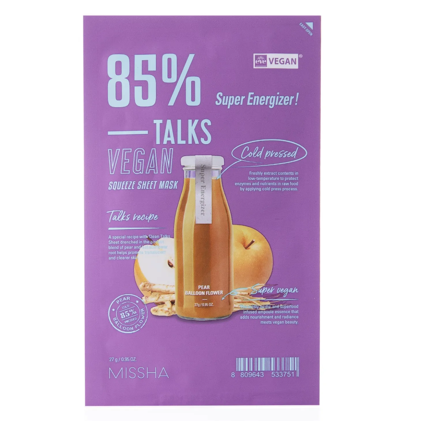 Missha - Talks Vegan Squeeze Sheet Mask - Super Energizer - Rozświetlająca Maska w Płachcie - 27g
